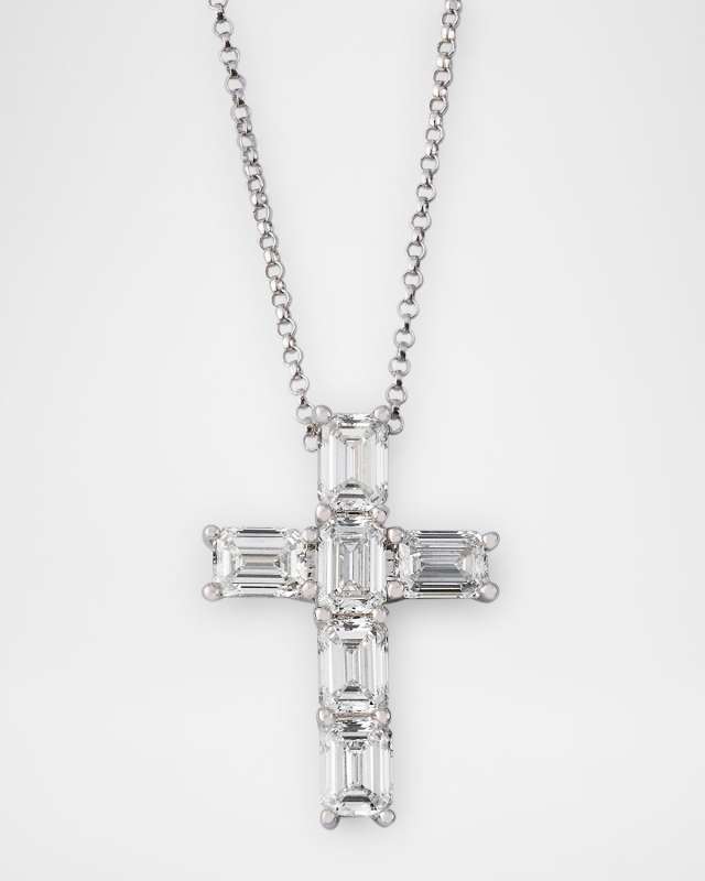 18K White Gold Emerald-Cut Diamond Cross Pendant Necklace, 16"L, 2.48tcw